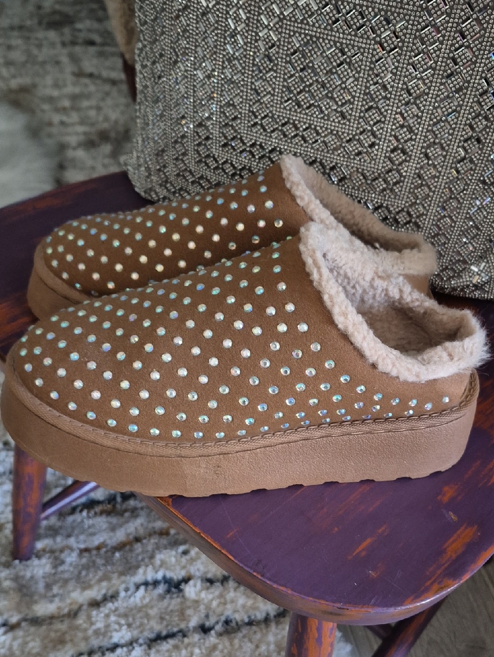 Rhinestone Brown Faux-Shearling Clog Slippers Can Be Worn Out Side Thick Sole